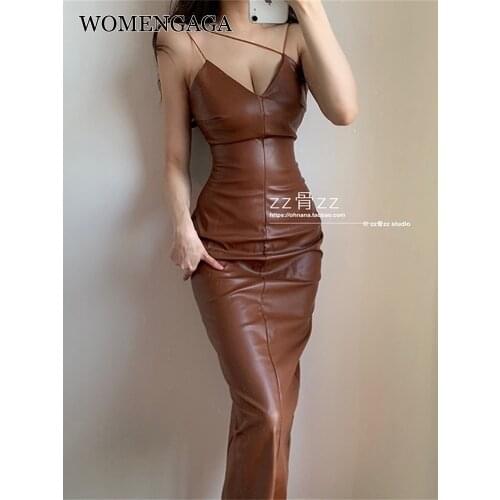 WOMENGAGA Sexy V Neck Low Chest irregular Strapless Sleeveless Cross Split Backless Slim Hip Pu Leather Hot Dress For Women C6F0
