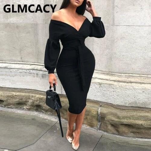 Women Long Sleeve V Neck Bodycon Dress Elegant Chic Ladies Dress