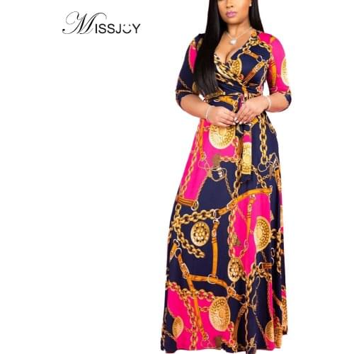 MISSJOY Womens sexy V-neck five-point sleeves mid-length dress printed mid-waist dress with belt