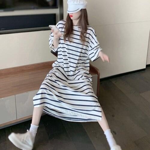 Summer Women Korean Style Fashion Casual Striped Print Dress Retro Loose Round Neck With Belt Short-Sleeve Thin Dress
