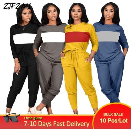Bulk Items Wholesale Lots Womens Festival Clothing Casual Sport Suit Full Sleeve Splice T-shirt+high Waist Trouser Streetwear