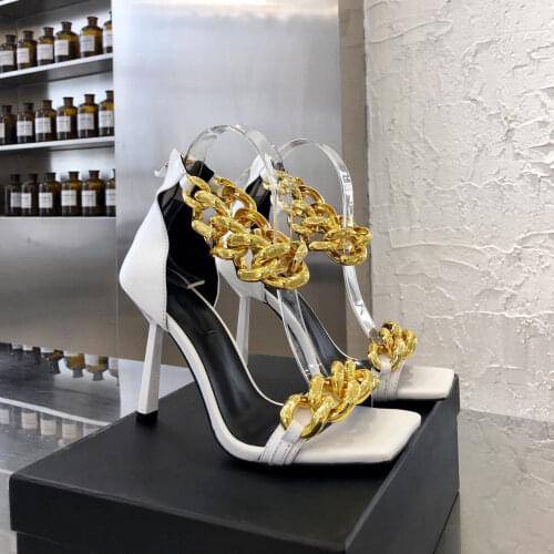 Sexy Lady Fashion Womens Shoes Casual Designer Black leather One Strappy Chains Sandals High heels Gladiator Zapatos Mujer