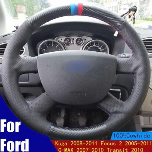 Car Steering Wheel Cover Black PU Carbon Fiber For Ford Kuga 2008-2011 Focus 2 2005-2011 C-MAX 2007-2010 Transit 2010