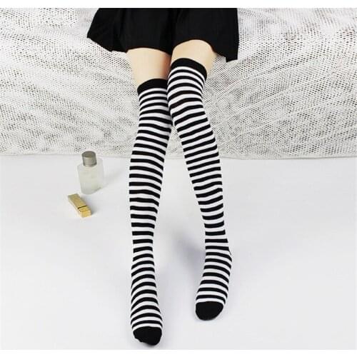 CUHAKCI Sexy Womens Stockings Striped Hiphop Cotton Thigh High Stockings Harajuku Female Hot Black Over Knee Girl Long