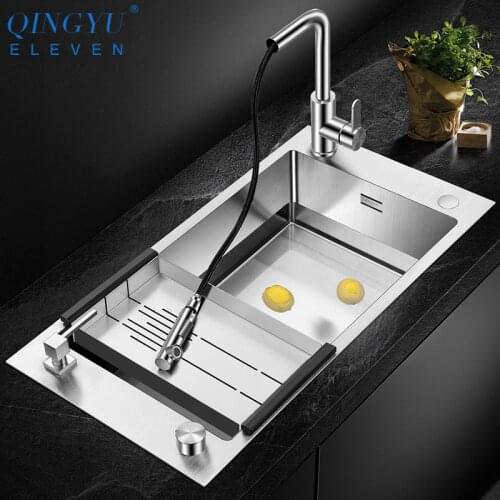 Kitchen Sink 304 Stainless Steel 4mm Thickness 220mm Depth Large Size Handmade Brushed 4 holes Kitchen Sinks