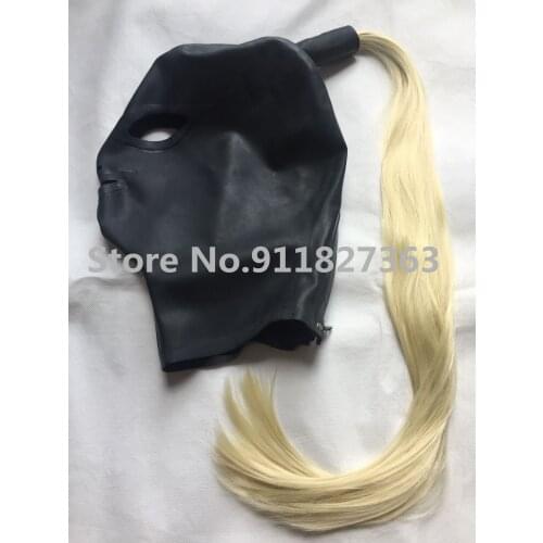 Latex Mask Rubber Unisex Hood with Wig Rubber Fetish Mask Braid Wigs Latex Headgear Sexy Cosplay Accessaries