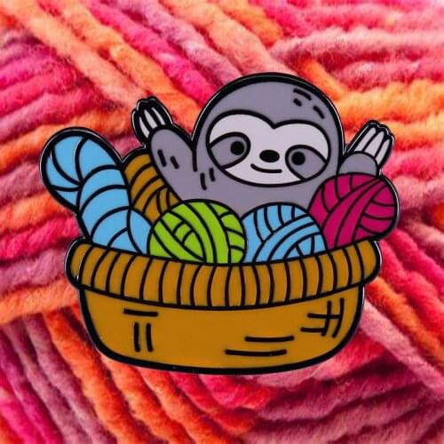 Cute sloth in a yarnbasket enamel pin brooch Perfect gift for knitting lovers yarn hoarders and crafters