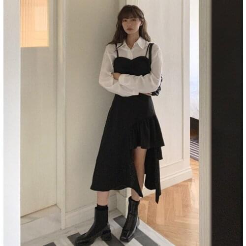 Womens Black Sling Dress for 2021 Korean Fashion Trends Off Shoulder Sexy Dresses Clothes Ladies Asymmetrical Design Party Dress