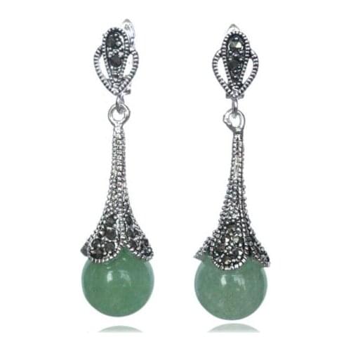 RARE 925 STERLING SILVER NATURAL GREEN Natural jade BEADS MARCASITE EARRINGS 14/5"