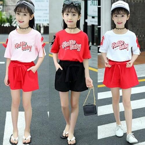 Retail and wholesle 2019 summer toddler girl clothing sets children clothing kids top flower short T shirt+short 2pcs 2-16 Year