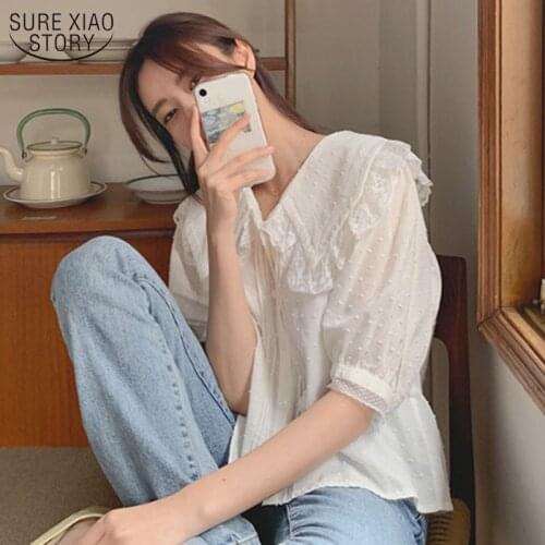 Summer Shirt Women Chic Short Shirt Lace Lapel Bubble Sleeve Short Sleeve Womens Blouse with Lace Sweet Shirt for Girl 13744