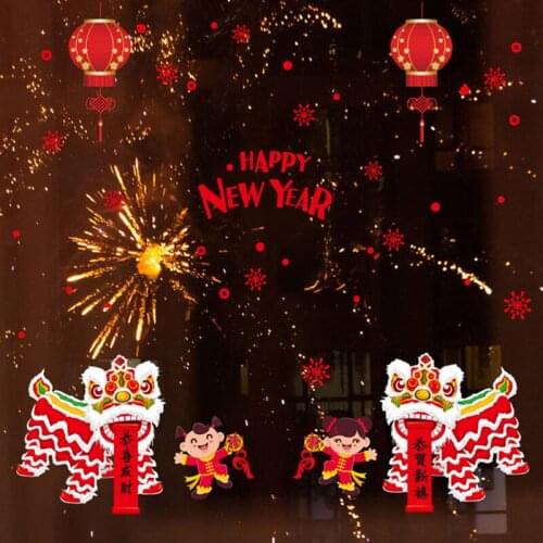 Happy New Year Merry Christmas Window Glass Sticker Door Sticker Spring Festival Decoration Vinyl Decals Lion Dance Home Decor
