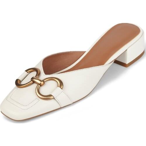 Womens genuine leather square toe slip-on flats sandals elegant ladies soft comfortable summer casual slides daily mules shoes