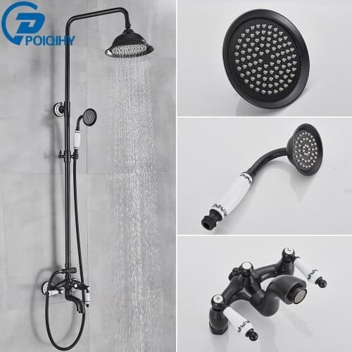 POIQIHY Bathroom Shower Faucet Dual Ceramic Handle Rainfall Shower Mixer Tap Wall Mounted Brass Height Adjustable