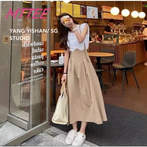 Faldas Largas Women High Waist Flared Pleated Long SkirtsSummer Students Cute Suspender Skirts Korean Style Elegant Loose Casual