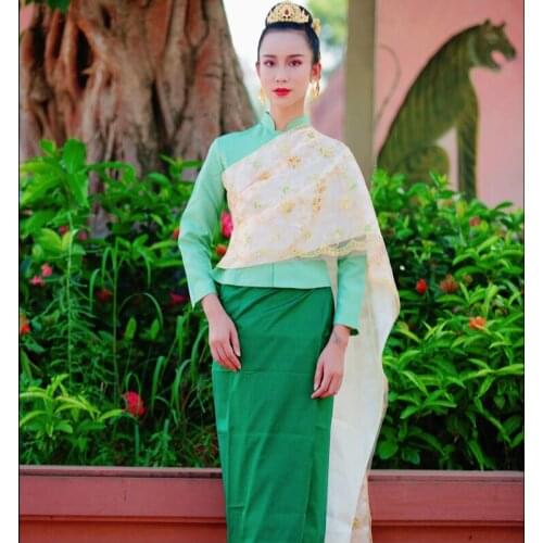Thailand Traditional Clothing for Women Stand Collar Green Tops Pha Sin Shawl Restaurant Cashier Welcome Costume Asian Clothes