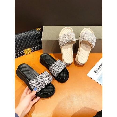 Large Size 35-40 Fashion Thick-Soled Rhinestone Elegant Ladies Slippers Summer New Mid-Heel Beach Slippers For Outer Wear