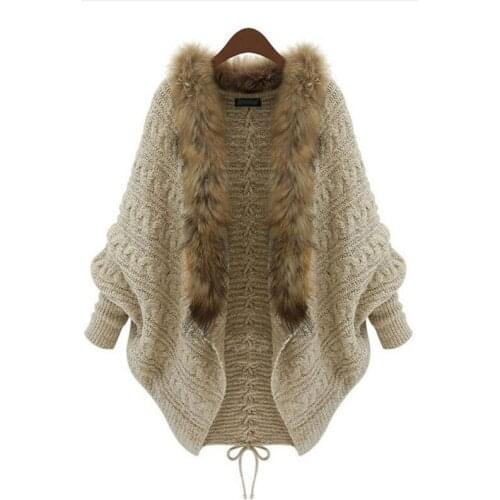 Autumn Winter Women Big Fur Collar Batwing Sleeve Loose Knitted Cape Cardigan Jacket Coat Cloak Sweater Shawl Cardigan