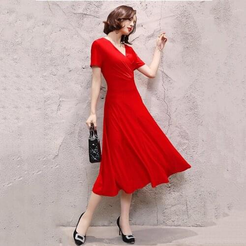 Middle-aged Womens Dress Summer V-neck High Waist Solid Color Mother Long Dress Ice Silk Big Swing Vestidos Mujer Large Size E2