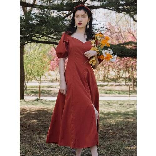 Summer New Womens French Retro Palace Style Bubble Sleeve Square Collar Brick Red Long Dress Temperament Was Thin Girl Dress