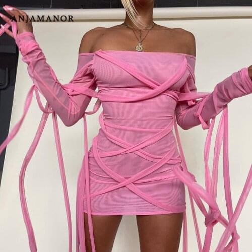 ANJAMANOR Sexy Pink Sheer Mesh Mini Dress Women Club Wear Fashion 2021 Tassel Off Shulder Long Sleeve Bodycon Dresses D85-CZ15