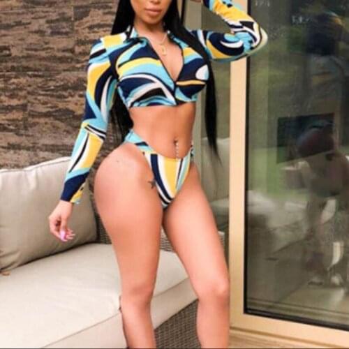3pcs Sexy Womens Long Sleeve Print Zipped Bikini Set Print Bodycon Summer Beach Swimsuit Push Up Bathing Suit