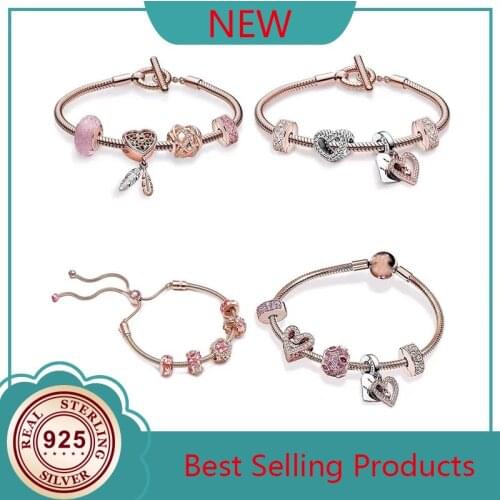 2021 New 925 Silver Rose Gold Heart Daisy Bracelet Suitable For Ladies Wedding Party Gift Diy Jewelry