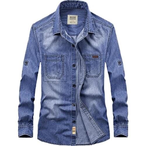 Spring and Autumn Denim Shirt Mens Long Sleeve Casual Large Size Clothes Top Coat Fashion Blue
