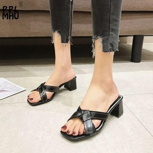 Elegant Open-Toes Non-Slip Hollow Women Shoes Outside Wear Square Heel Slides Black PU Leather Butterfly-knot Light Slippers