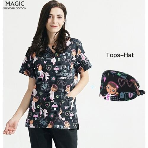Print Beauty Uniform Blouse Short Sleeve Working Top with Pockets Nutritionist work clothing Lab shirts Health Worker Scrubs top