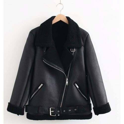 Thick Warm faux leather jacket Women Winter Zipper Motorcycle Coats Casual Loose Outwear PU Faux Lambswool Biker Jackets