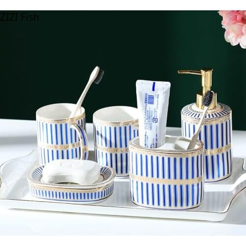 5 Pcs/set Ceramic Bathroom Accessory Set Washing Tools Shower Gel Bottle Mouthwash Cup Soap Box Toothbrush Holder Houseware
