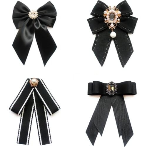 New Ribbon Bow Tie for Women Girls Rhinestone Pearl Bow Blouse Collar Pin Brooch Bowknot School Student Shirt Bowtie Accessories