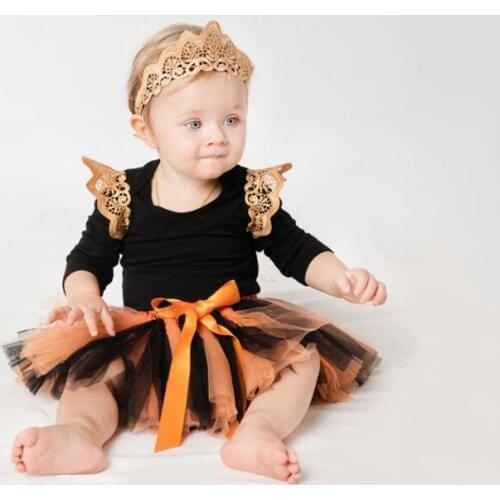 Baby clothes Halloween Costume for Infant Party Girls Newborn Long Sleeve Lace Jumpsuit+Handmade tutu Skirts+headband 3pcs sets