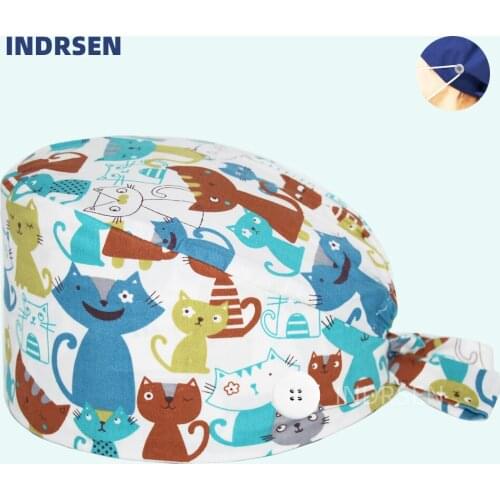 Wholesale Beauty salon Hospitals Clinic Dental Lab Scrub Cap Cat Printed Cotton Dcotors Nurse Working Hats Surgicals Caps Unisex