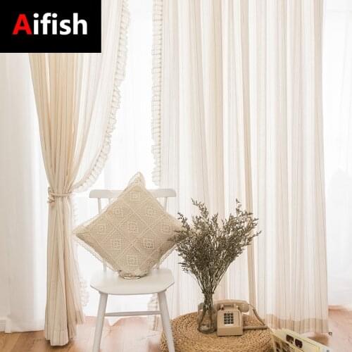 Nordic Modern Beige Cotton Linen Vertical Stripe Screen Yarn For Bedroom Balcony Bay Window Decoration Fold Lace Tulle Curtains