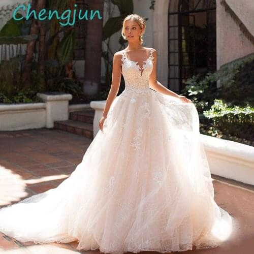 Chengjun Scoop Tulle Sequins Lace Appliques A Line Bridal Dresses 2019