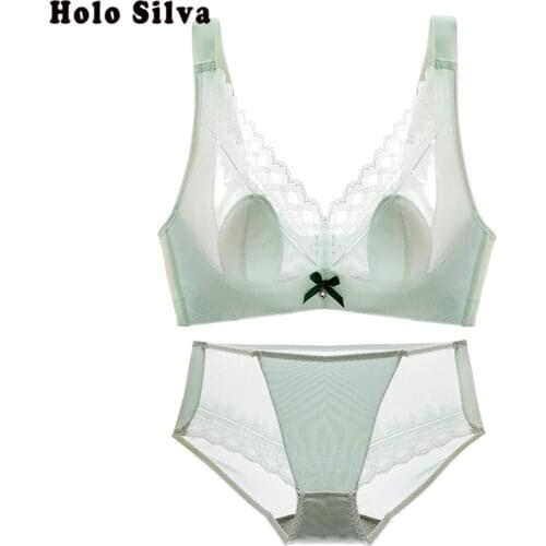 Wire Free Ultra-thin Bra Sets Breathable Bh Sexy Lace Solid Temptation Bra Set Seamless Women 3/4 Ultra Thin Lace Underwear Sets