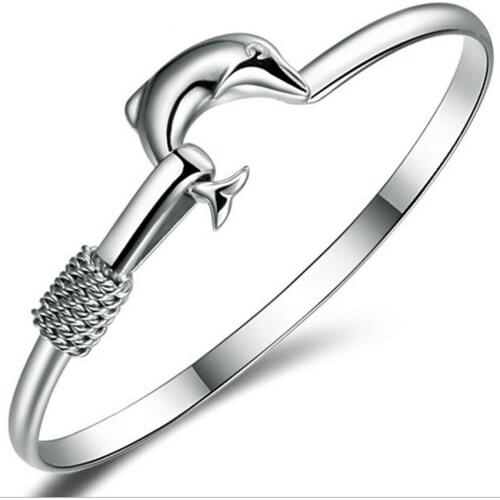 FYJS Unique Silver Plated Lovely Dolphin Can Open Bangle for Christmas Gift Jewelry
