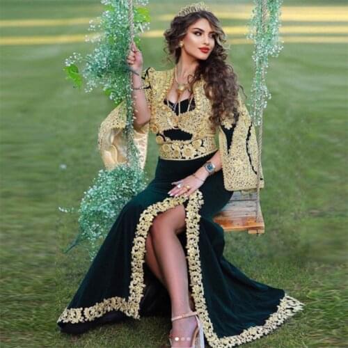 Velour Moroccan Kaftan Evening Dresses Gold Appliques Arabic Muslim Mermaid Prom Gown Sexy High Slit Long Dubai vestido de festa