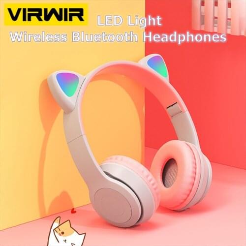 VIRWIR New Cute Cat Ears Headphones Bluetooth Wireless&Wired Headphone With Microphone Kid Girl Stereo Music Phone Headset Gift