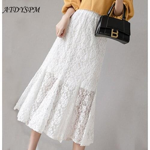 Elegant White Lace Skirts Women Summer Fashion Elastic Waist Casual A-line Skirt Ladies Streetwear Midi Skirts Jupe Femme