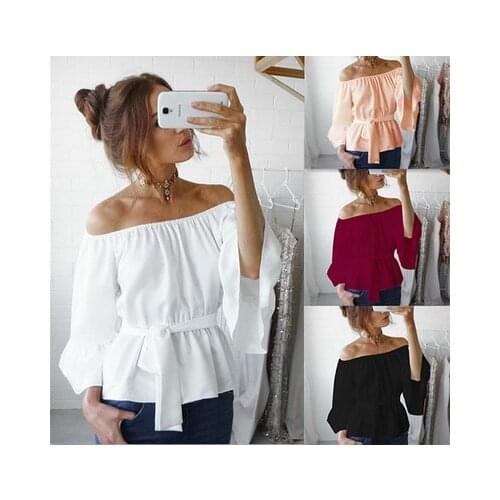 Women Sexy Slash Neck Chiffon Shirt Casual Strap Solid Bell Sleeve Loose Spring Autumn Top Loose Slim 3 Colors Sweet Girls
