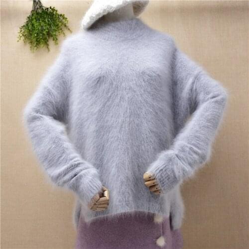 Ladies women fashion hairy plush mink cashmere knitted long sleeves split loose pullover angora rabbit fur jumper sweater pull