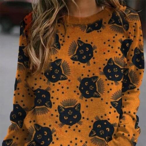 Women Cat Pattern Pullover Retro Print Round Neck Long Sleeve Loose Sweatshirt Size S-3XL AC889