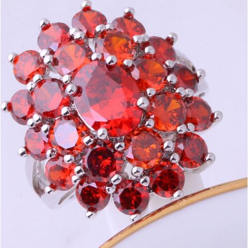 Love Monologue Exquisite Orange red & Red imitation Garnet Flower Silver Color Rings Size 6 / 7 / 8 / 9 Free Jewelry Bag J0609