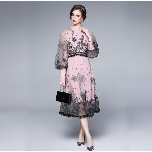 Womens dress in spring and summer 2021. New dress temperament Mock Neck mesh embroidery long sleeve slim medium long large dres