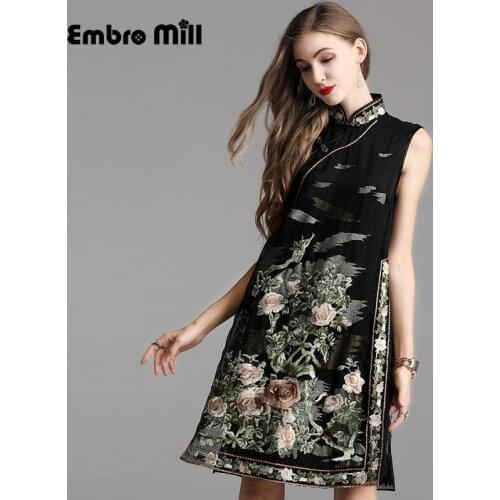 High-end floral summer women Chinese style Silk embroidery big flower dress dresses elegant slim lady Qipao party dress S-XXL