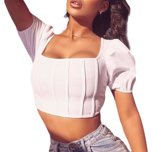 2021 Womens Cropped Shirt Short-Sleeved Top Fall Wrapped Party Puff Pleated Stripes Square Neck Solid White Clothes