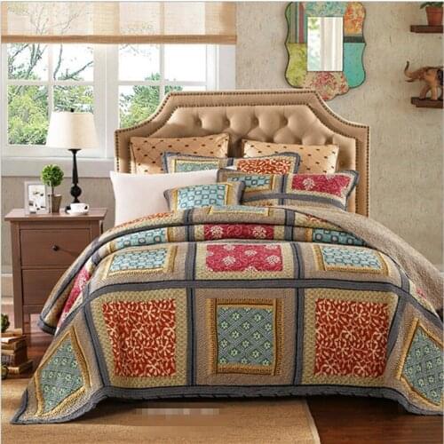 Free shipping American 100%cotton 3pcs printed bohemian patchwork quilt full/queen/king size colcha bed cover/bedspread AN